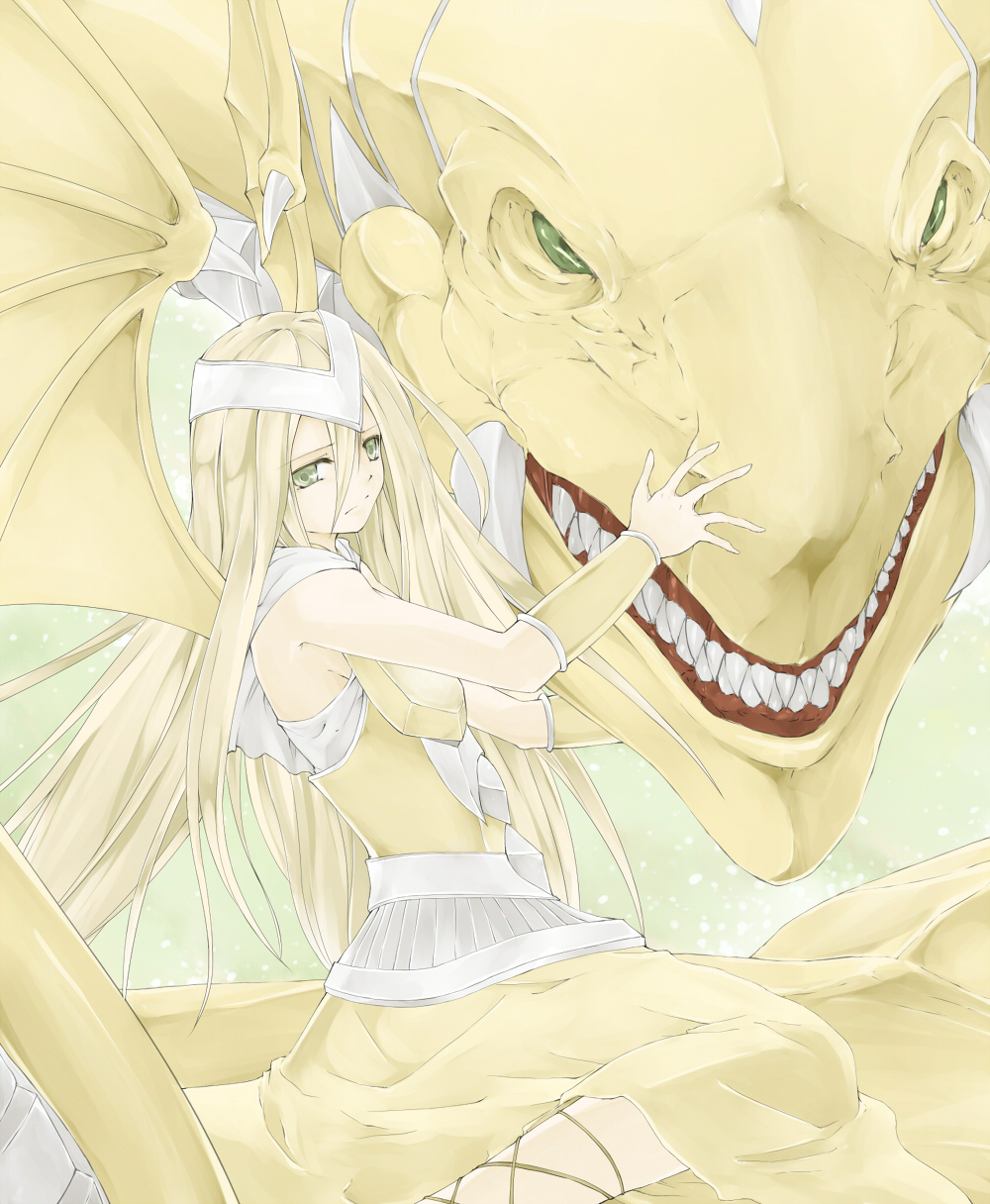 1girl, armor, blonde_hair, dragon, duel_monster, fantasy, female_focus, golden_dragon
