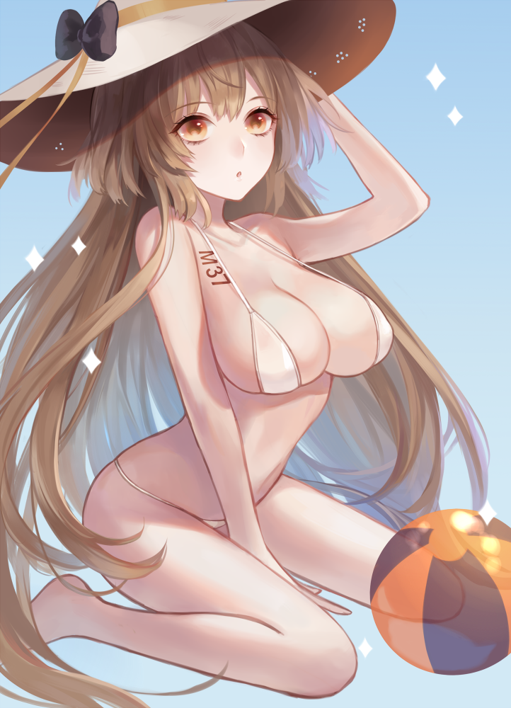 1girl, ball, beachball, bikini, breasts, brown_hair, character_name, cleavage