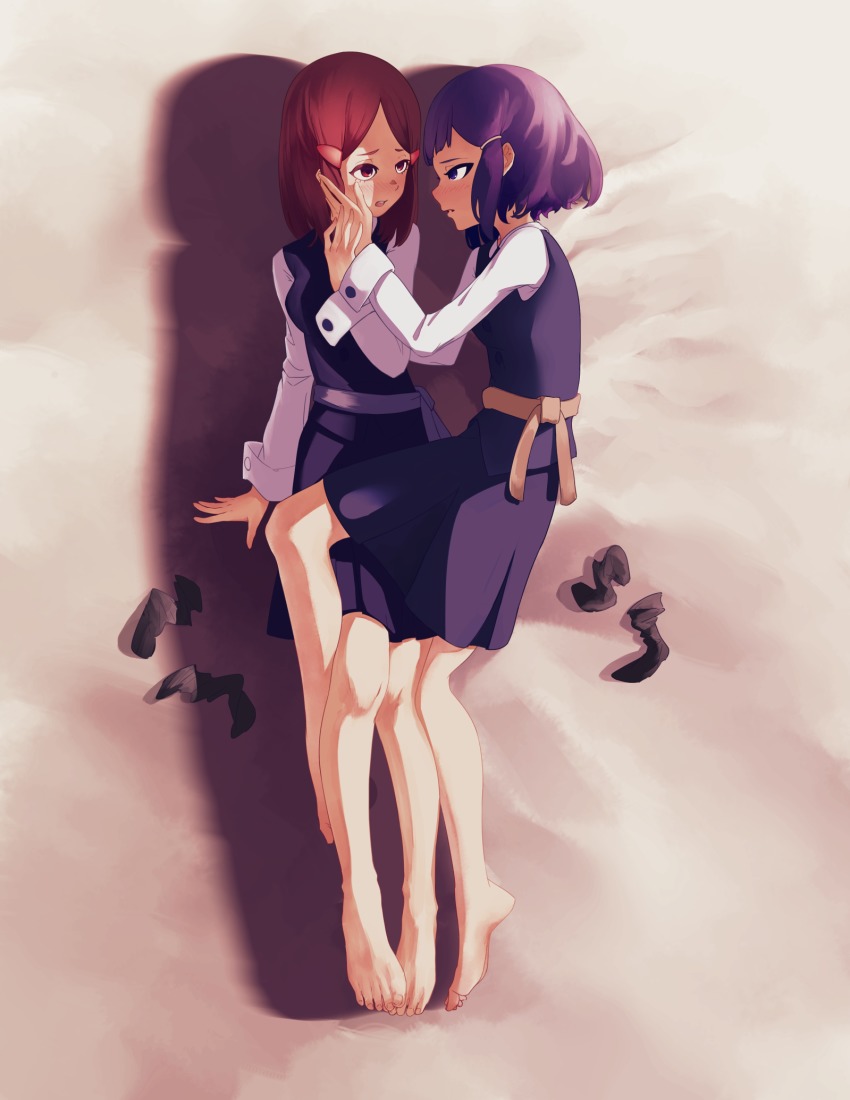 10s, 2girls, avery_(little_witch_academia), barefoot, blue_eyes, blush, extra, eye_contact