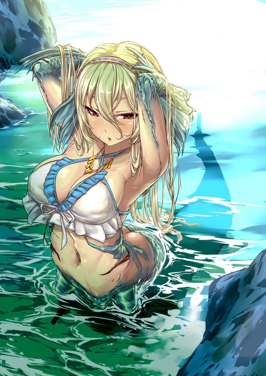 1girl, absurdres, armpits, arms_behind_head, arms_up, blonde_hair, blush, breasts