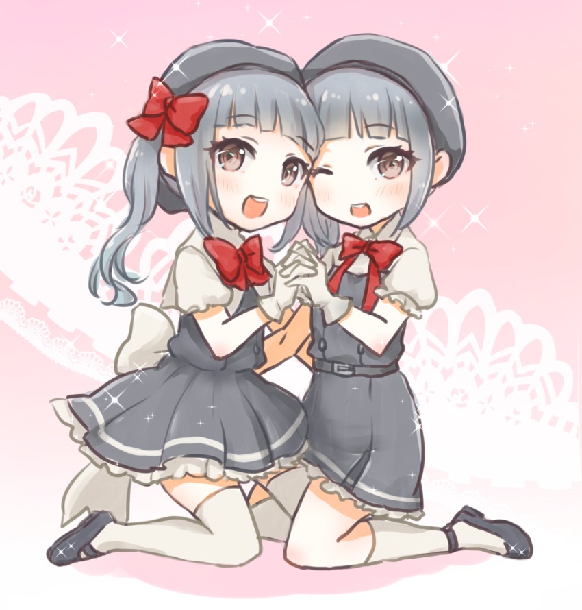 10s, 2girls, :d, adapted_costume, belt, beret, blush, bow