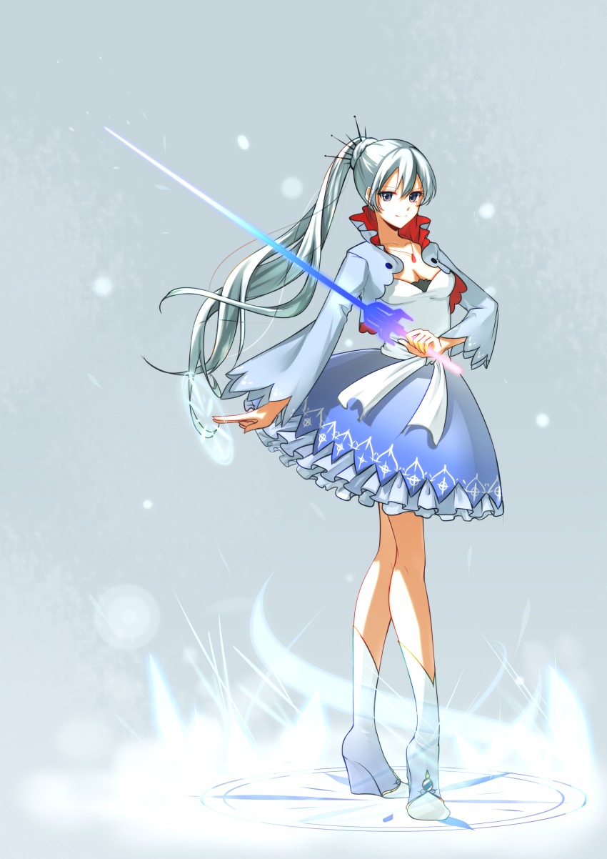 1girl, absurdres, ashidoya, blue_eyes, boots, cropped_jacket, dress, earrings, female_focus, full_body, high_heel_boots, high_heels, highres, holding, holding_sword, holding_weapon, jewelry, long_hair, long_sleeves, looking_at_viewer, ponytail, rapier, ribbon, rwby, snowflakes, solo, sword, tiara, weapon, wedge_heels, weiss_schnee, white_boots, white_dress, white_hair, white_legwear