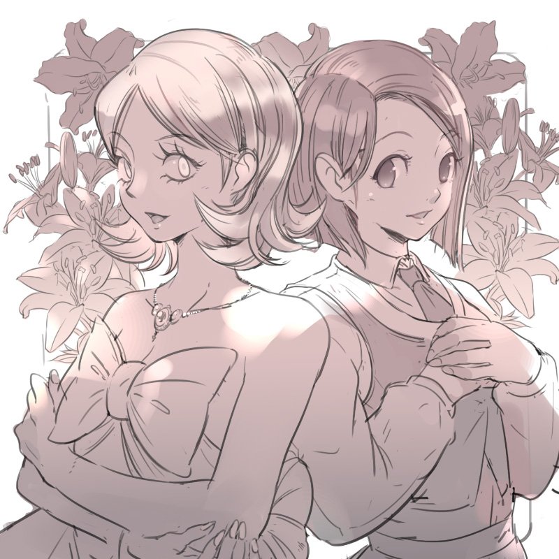 2girls, bare_shoulders, crossed_arms, dress, flipped_hair, flower, fuugetsu_hui_guo_rou, hands_on_own_chest
