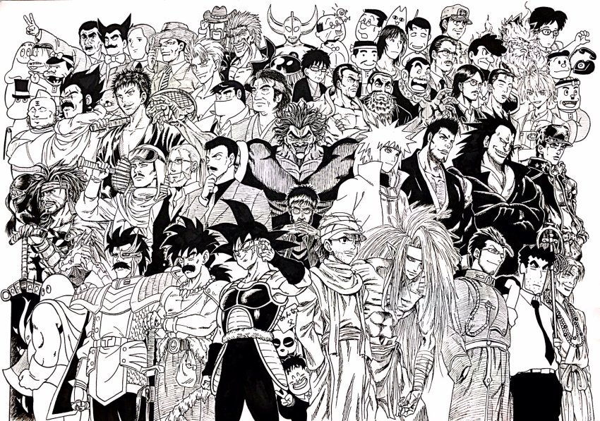 00s, 10s, 6+boys, annotation_request, aotsuki_shigure, apron, araiwa_kazumi, armor, ashibe's_father, axe, azumanga_daiou, bakabon's_father, baran, barbapapa, bardock, beard, bleach, boku_no_hero_academia, bonobono, bonobono_(character), character_request, chibi_maruko-chan, cigarette, clannad, cooking_papa, cowboy_hat, crayon_shin-chan, crossover, death_note, doraemon, dr._slump, dragon_ball, dragon_quest, dragon_quest_v, dragonball_z, echizen_nanjirou, endeavor_(boku_no_hero_academia), facial_hair, final_fantasy, final_fantasy_vi, final_fantasy_x, flint_(mother_3), fujiwara_bunta, fullmetal_alchemist, furukawa_akio, gegege_no_kitarou, ging_freecss, gintama, glasses, grappler_baki, greyscale, grisha_yeager, hanma_yujiro, hat, highres, hood, hunter_x_hunter, ikari_gendou, initial_d, ink_(medium), jarinko_chie, jecht, jojo_no_kimyou_na_bouken, kandar, kurosaki_isshin, kusakabe_tatsuo, kuujou_joutarou, lee_(dragon_garou), long_hair, maes_hughes, mahou_tsukai_sally, male_focus, matsuno_matsuzou, medama_oyaji, meitantei_conan, mihama_chiyo's_father, monkey_d._dragon, monochrome, moomin, moominpappa, mother_(series), mother_2, mother_3, mr._koiwai, multiple_boys, multiple_crossover, muscular, mustache, namikaze_minato, naruto_(classic), naruto_(series), neon_genesis_evangelion, nib_pen_(medium), nintendo, nobi_nobisuke, nohara_hiroshi, norimaki_senbei, one_piece, osomatsu-kun, osomatsu_(series), papas, paragus_(dragon_ball_z), pen_(medium), phone, pointy_ears, racket, raizen_(yu_yu_hakusho), ranma_1/2, retro_artstyle, ryuuko_no_ken, sakura_hiroshi, saotome_genma, scar, scar_across_eye, scar_on_face, scouter, shadow_(ff6), shingeki_no_kyojin, shounen_ashibe, smoking, spiked_hair, staff, sword, takemoto_tetsu, takuma_sakazaki, tennis_no_ouji-sama, tennis_racket, tensai_bakabon, tetsuwan_atom, the_king_of_fighters, tonari_no_totoro, top_hat, toriko_(series), traditional_media, trait_connection, umataro_tenma, umibouzu_(gintama), ushio_to_tora, v, van_hohenheim, weapon, white_background, yagami_souichirou, yotsubato!, yuu_yuu_hakusho