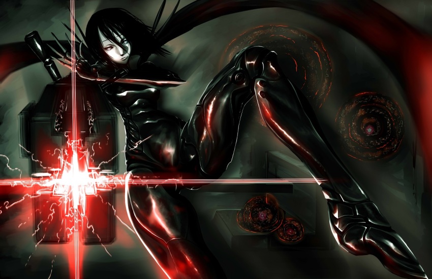 1girl, black_hair, blame!, colored_skin, cyborg, female_focus, graviton_beam_emitter, looking_at_viewer