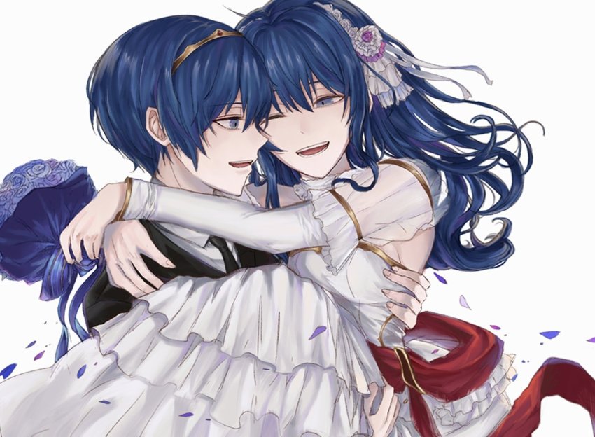 1boy, 1girl, asanokoc, black_suit, blue_hair, bride, caeda_(talys's_bride)_(fire_emblem), caeda_(fire_emblem)