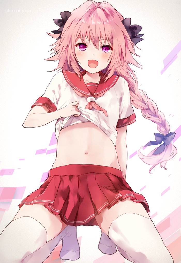 1boy, astolfo_(fate), astolfo_(sailor_paladin)_(fate), blush, braid, fang, fate/apocrypha, fate/grand_order, fate_(series), hair_ribbon, kanaicooo, long_hair, looking_at_viewer, male_focus, neckerchief, official_alternate_costume, open_mouth, pink_hair, pleated_skirt, purple_eyes, ribbon, school_uniform, serafuku, single_braid, skirt, smile, solo, thighhighs, trap