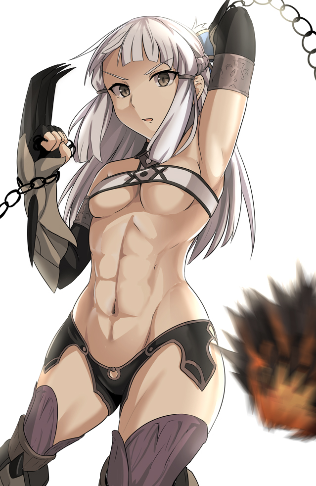 1girl, abs, armpits, berserker_of_el_dorado, braid, breasts, chain, cowboy_shot