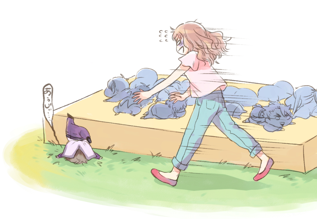 10s, 1girl, 6+boys, baby, brown_hair, denim, fallen_down, female_saniwa_(touken_ranbu)