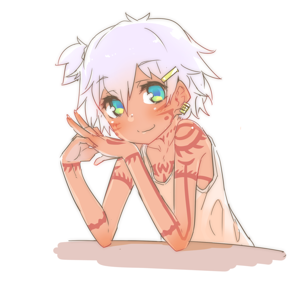 1girl, blue_eyes, borrowed_character, dark_skin, dark-skinned_female, earrings, facial_tattoo, female_focus