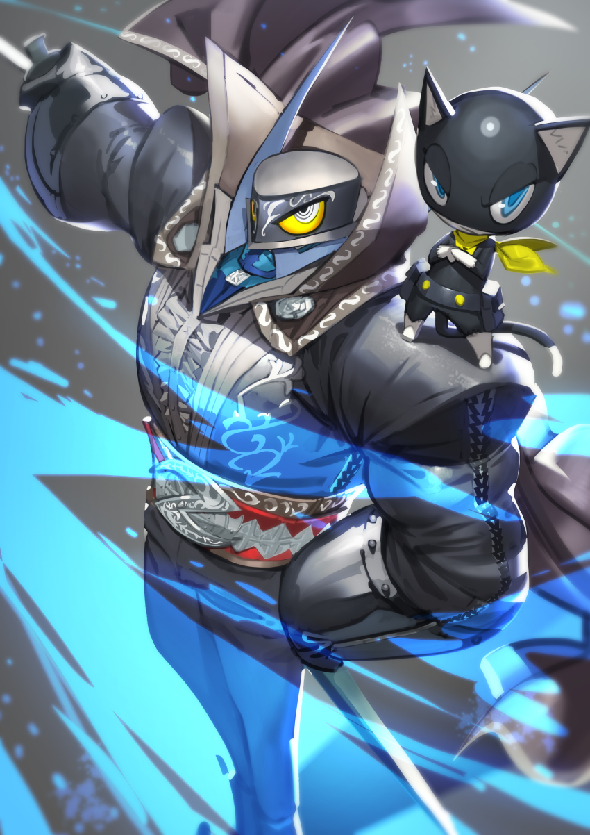 10s, absurdres, animal_ears, blue_eyes, cape, cat, cat_ears, cat_tail, crossed_arms, highres, jojaow, looking_at_viewer, mask, morgana_(persona_5), persona, persona_5, rapier, scarf, standing_on_shoulder, sword, tail, weapon, zorro_(persona_5)