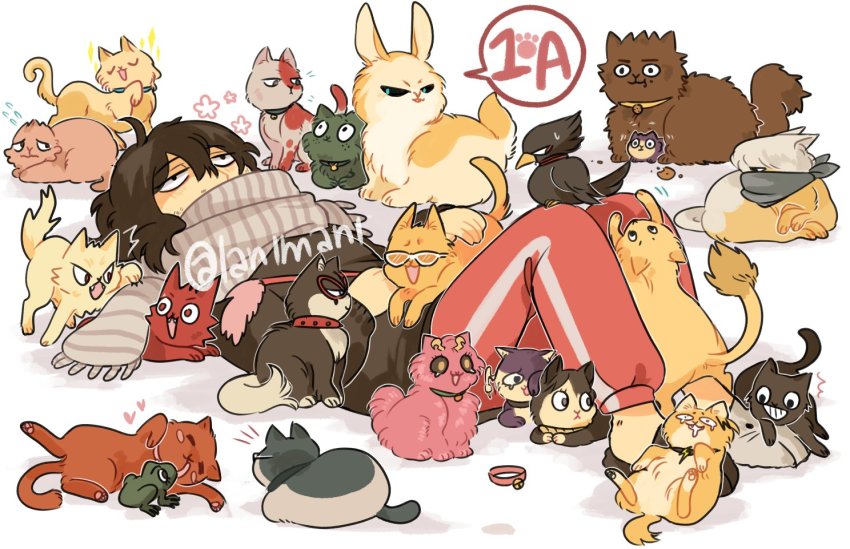 10s, 1boy, aizawa_shota, all_might, animal_ears, animalization, aoyama_yuuga, artist_request, ashido_mina, asui_tsuyu, bakugou_katsuki, bandana, bell, bird, black_hair, black_sclera, blue_eyes, blush, blush_stickers, boku_no_hero_academia, cat, cat_ears, cat_tail, closed_eyes, collar, colored_sclera, domino_mask, drooling, eye_mask, facial_hair, fangs, frog, fur, glasses, green_fur, grin, hagakure_toru, half-closed_eyes, headpat, horns, iida_tenya, invisible, jiro_kyoka, kaminari_denki, kirishima_eijirou, kouda_kouji, lanimani, licking, long_tongue, looking_at_another, looking_to_the_side, lying, mask, midnight_(boku_no_hero_academia), midoriya_izuku, mineta_minoru, ojiro_mashirao, on_back, open_mouth, pants, parted_lips, pink_fur, present_mic, satou_rikidou, scarf, sero_hanta, shouji_mezou, sitting, smile, speech_bubble, sunglasses, sweat, sweatdrop, tail, teeth, todoroki_shoto, tokoyami_fumikage, tongue, tongue_out, too_many, too_many_cats, track_pants, twitter_username, uraraka_ochako, yagi_toshinori, yaoyorozu_momo, yellow_eyes