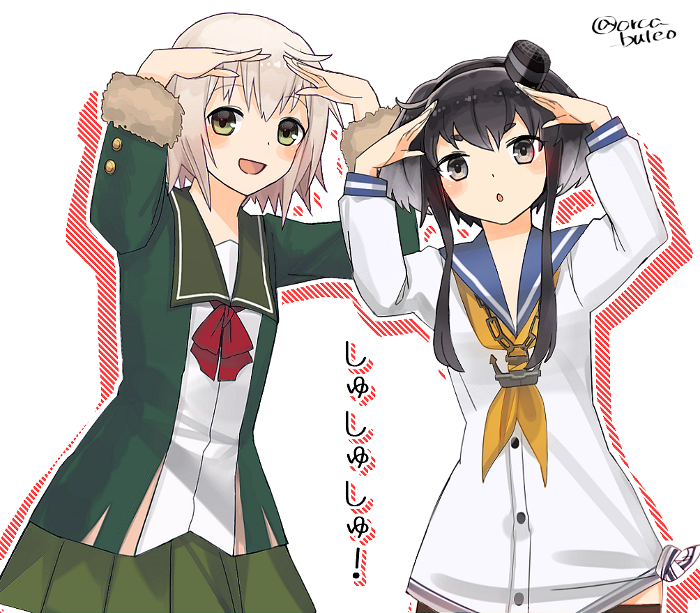 10s, 2girls, arms_up, black_hair, blonde_hair, blue_sailor_collar, brown_eyes, cowboy_shot