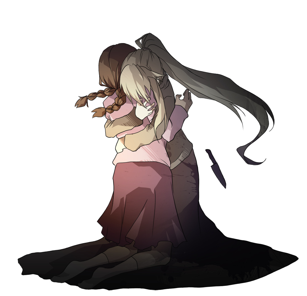 2girls, blonde_hair, braid, brown_hair, dakkarubi, hug, knife, madotsuki