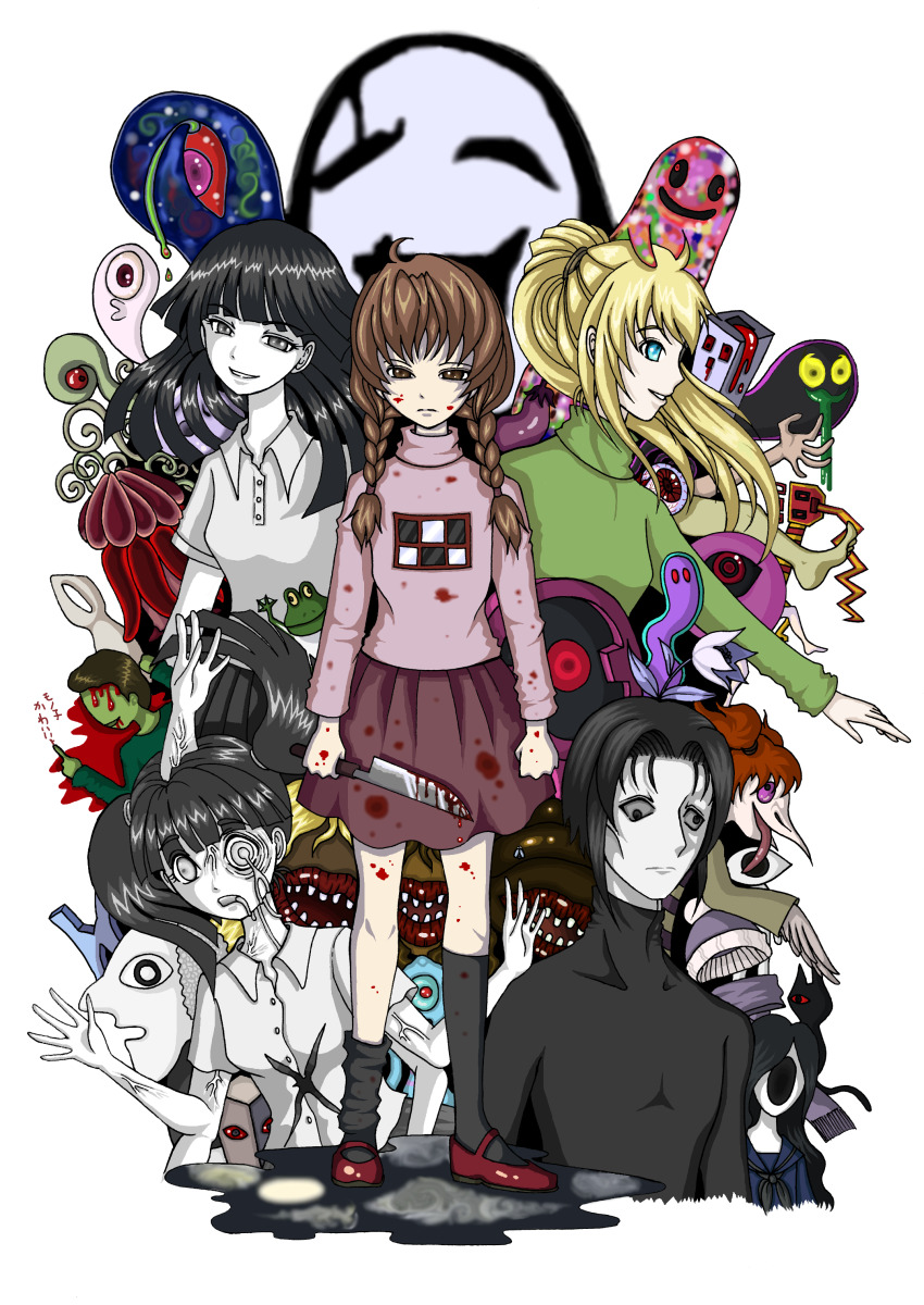 2boys, 6+girls, 6_9, absurdres, black_cat, black_hair, black_neckerchief, black_socks