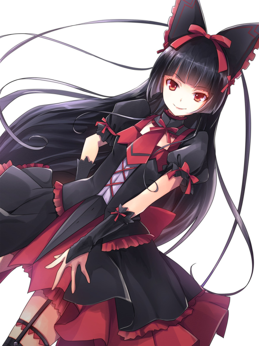 10s, 1girl, ashi_yume, black_gloves, black_hair, dress, female_focus, garter_straps, gate_-_jieitai_ka_no_chi_nite_kaku_tatakaeri, gloves, hair_ribbon, highres, lolita_fashion, long_hair, looking_at_viewer, red_eyes, ribbon, rory_mercury, short_sleeves, smile, solo