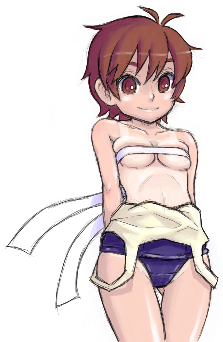 1girl, arms_behind_back, bad_id, bad_pixiv_id, breasts, brown_eyes, brown_hair, budget_sarashi