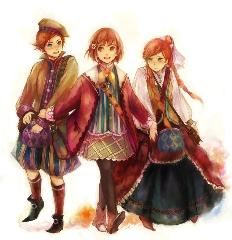 1boy, 2girls, :t, avalon_code, blush, braid, brother_and_sister, embarrassed