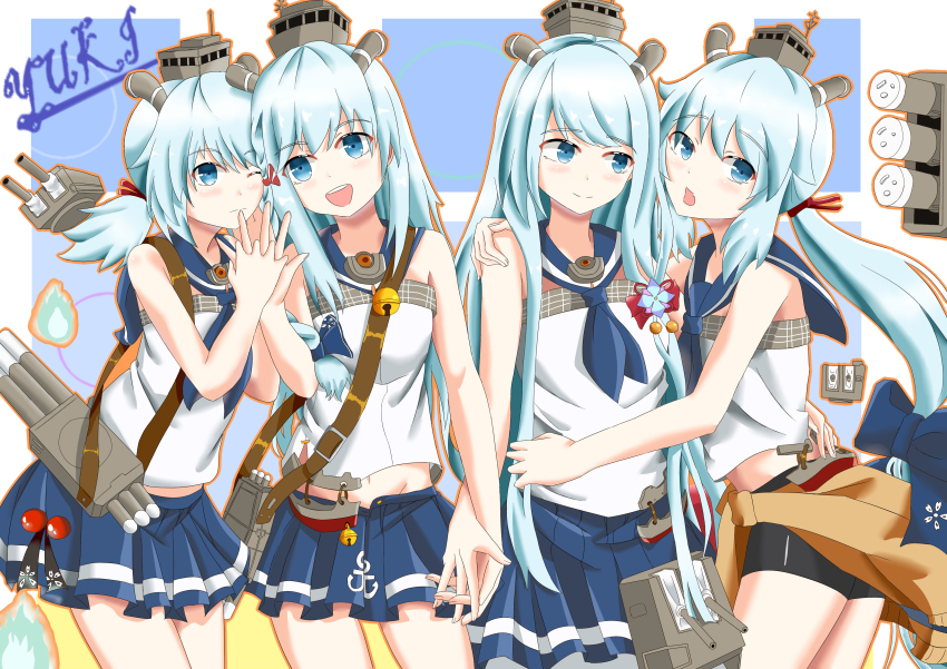 4girls, :d, absurdres, bare_shoulders, bike_shorts, blue_eyes, blue_hair, contrapposto
