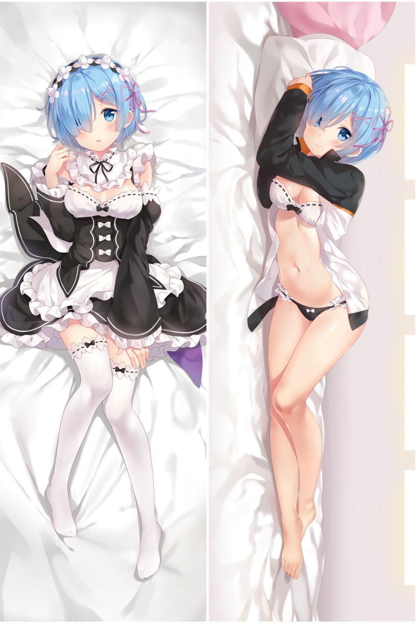 10s, 1girl, apron, arms_up, bare_legs, barefoot, bed_sheet, black_panties