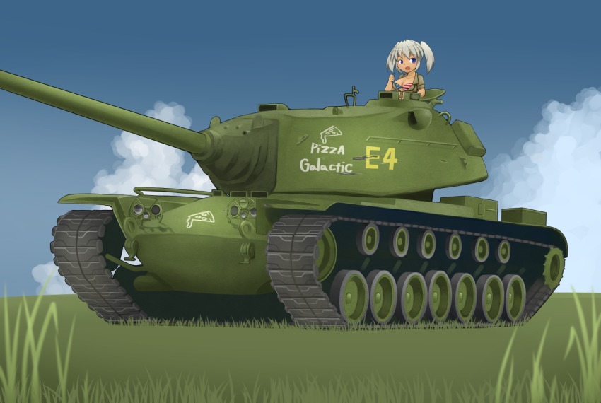 1girl, american_flag, american_flag_bikini, american_flag_print, bikini, blue_eyes, cloud, day, dead_people, flag_print, flag_print_bikini, grass, m103_heavy_tank, military, military_vehicle, motor_vehicle, original, print_bikini, sky, swimsuit, tank, twintails