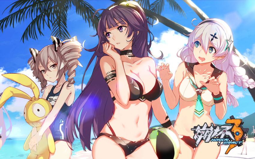 +_+, 3girls, ball, barcode, barcode_tattoo, bare_shoulders, beach, beachball