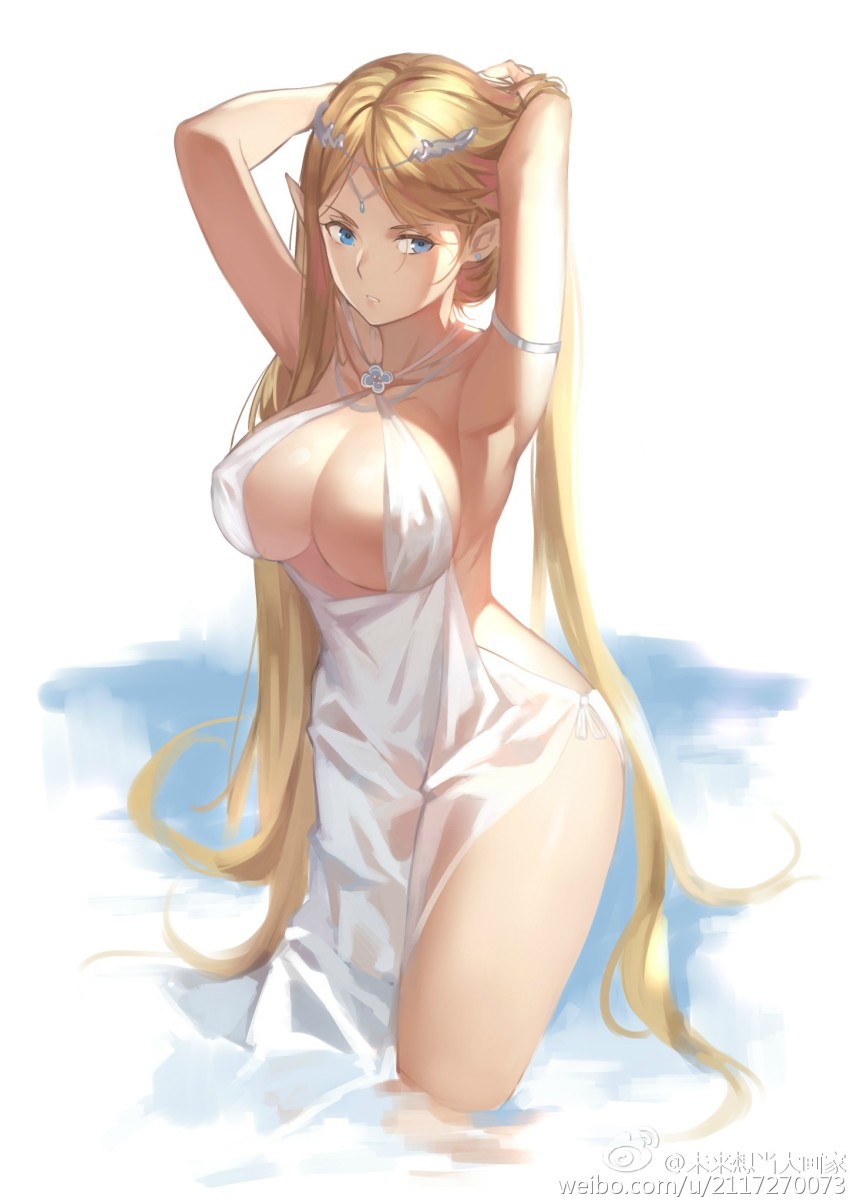 1girl, armlet, armpits, arms_behind_head, arms_up, backless_dress, backless_outfit, blonde_hair, blue_eyes, breasts, circlet, cleavage, covered_erect_nipples, criss-cross_halter, dress, earrings, female_focus, halterneck, hands_in_own_hair, highres, jewelry, large_breasts, long_hair, looking_away, original, parted_bangs, parted_lips, pelvic_curtain, pointy_ears, see-through_clothes, side-tie_costume, side_slit, sleeveless, sleeveless_dress, solo, standing, stud_earrings, very_long_hair, wading, watermark, web_address, wet, wet_clothes, wet_dress, white_dress, yykuaixian