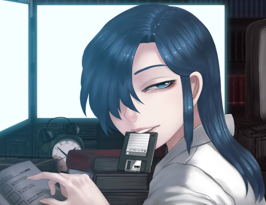 1girl, backlighting, blouse, blue_hair, female_focus, floppy_disk, from_side, hair_over_one_eye