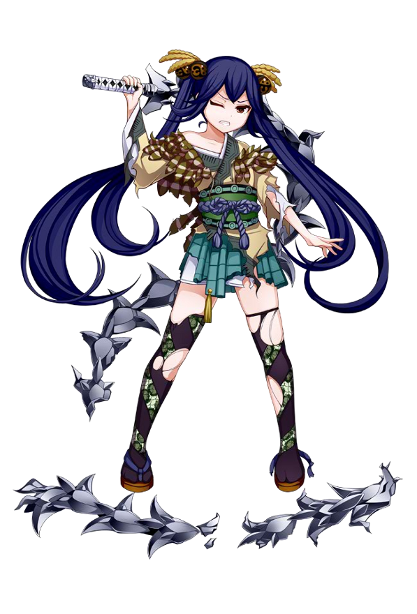 1girl, artist_request, blue_hair, broken, broken_weapon, female_focus, full_body, hand_on_own_hip