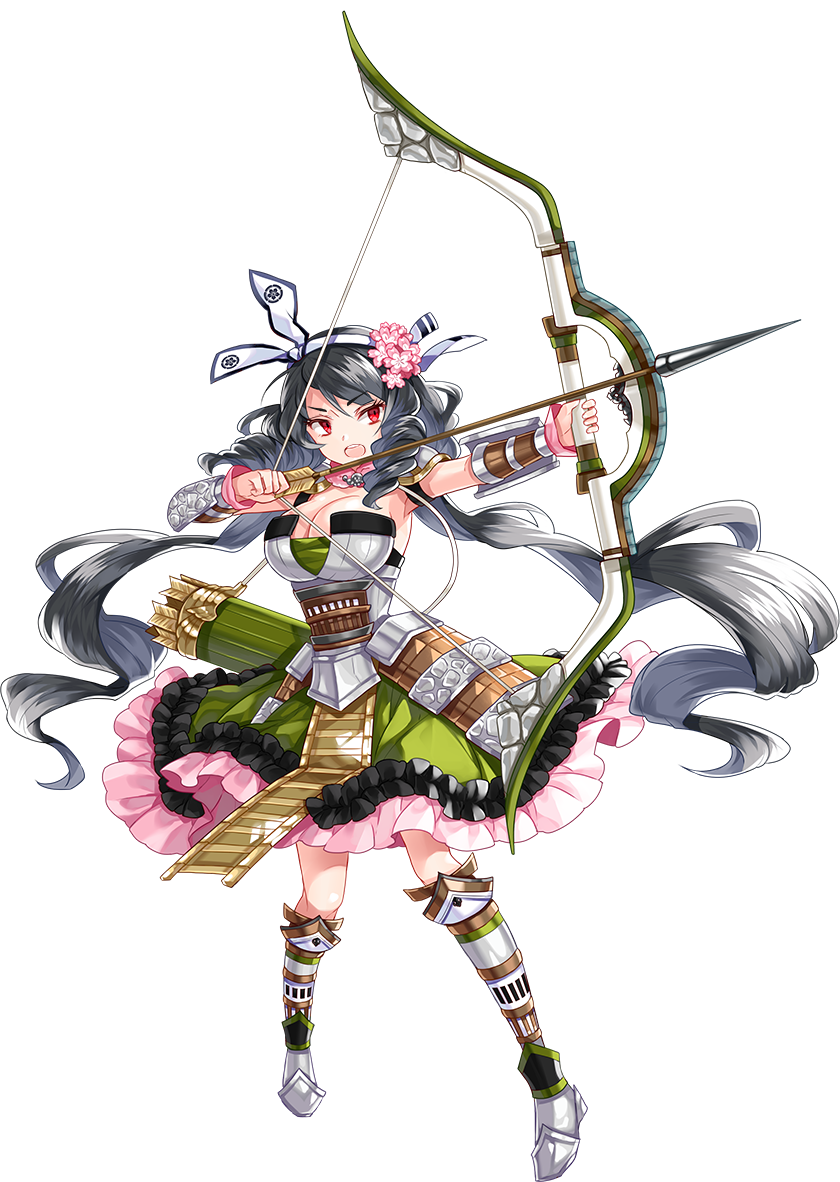 >:o, 1girl, :o, arrow_(projectile), black_hair, bow_(weapon), breasts, cleavage, copyright_name, drawing_bow, drill_hair, female_focus, flower, full_body, hair_flower, hair_ornament, holding, holding_bow_(weapon), holding_weapon, komakiyama_(oshiro_project), large_breasts, official_art, oshiro_project:re, quiver, red_eyes, ririkuto, skirt, sleeve_cuffs, sleeveless, solo, transparent_background, twin_drills, twintails, v-shaped_eyebrows, wavy_hair, weapon