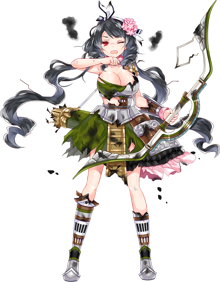 >;o, 1girl, arrow_(projectile), bare_shoulders, black_hair, bow_(weapon), breasts, cleavage