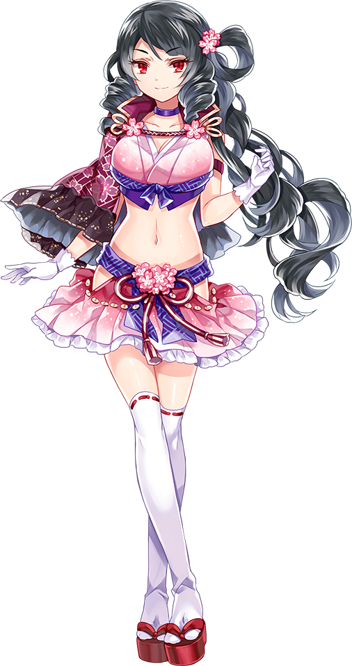 1girl, black_hair, breasts, cleavage, drill_hair, female_focus, flower, frilled_skirt, frills, full_body, gloves, hair_flower, hair_ornament, komakiyama_(oshiro_project), large_breasts, long_hair, looking_at_viewer, midriff, navel, oshiro_project:re, pink_skirt, pleated_skirt, red_eyes, skirt, smile, solo, thighhighs, transparent_background, twin_drills, very_long_hair, wavy_hair, white_gloves