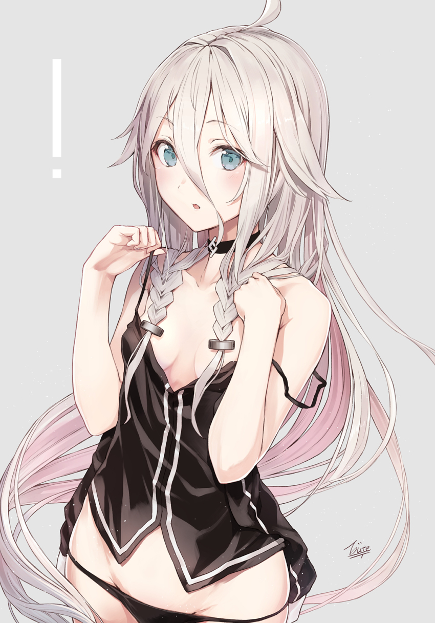 !, 1girl, arms_at_sides, artist_name, black_neckwear, black_panties, blue_eyes, blush