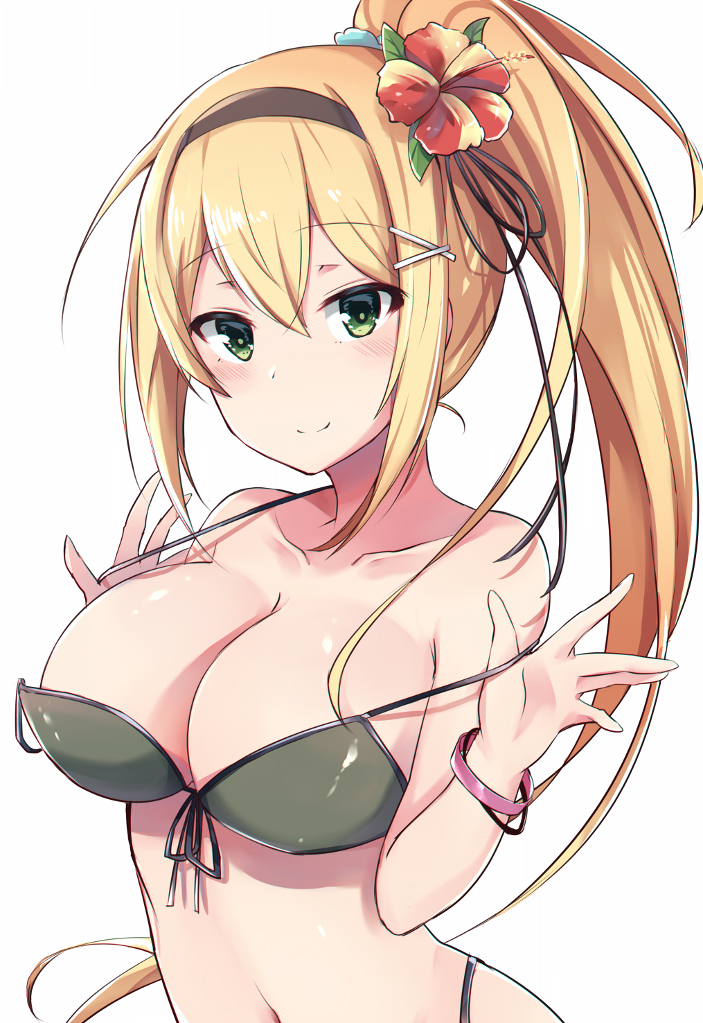 1girl, bikini, bikini_pull, black_ribbon, blonde_hair, breasts, cleavage, clothes_pull, female_focus, flower, front-tie_bikini_top, front-tie_top, girls'_frontline, green_bikini, green_eyes, hair_flower, hair_ornament, hair_ribbon, hairband, hibiscus, highres, large_breasts, long_hair, looking_at_viewer, m1_garand_(beach_princess)_(girls'_frontline), m1_garand_(girls'_frontline), navel, official_alternate_costume, ponytail, ribbon, simple_background, smile, solo, swimsuit, upper_body, white_background, zhi_zhi/zu_zu
