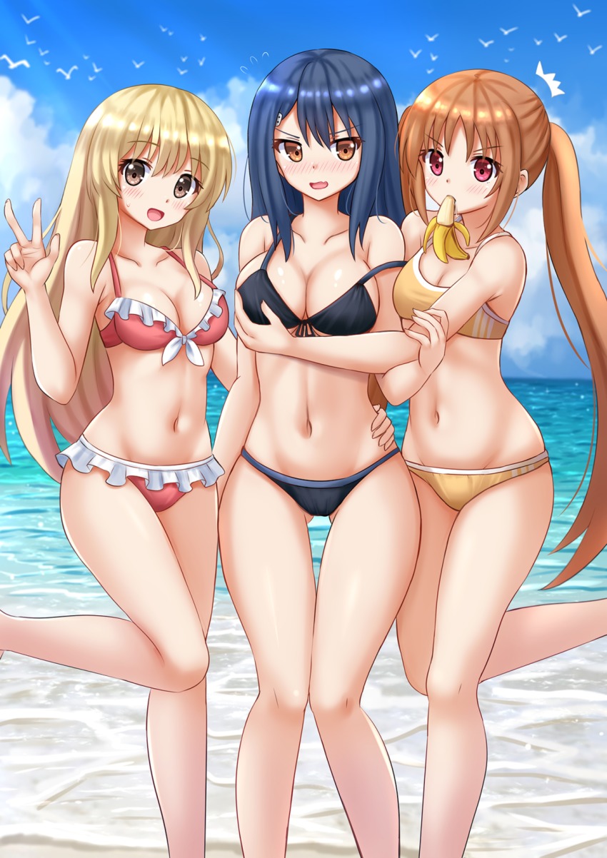 10s, 3girls, :d, ^^^, aho_girl, alternate_breast_size, arm_at_side, arm_grab, banana, bare_arms, bare_legs, bare_shoulders, beach, bikini, black_bikini, blonde_hair, blue_hair, blue_sky, blush, breasts, brown_eyes, brown_hair, cleavage, cloud, collarbone, commentary, day, female_focus, food, food_in_mouth, front-tie_bikini_top, front-tie_top, fruit, fuuki_iinchou_(aho_girl), girl_sandwich, gluteal_fold, grabbing_another's_breast, groin, groping, hair_ornament, hairclip, hanabatake_yoshiko, highres, hug, kazenokaze, large_breasts, legs, long_hair, looking_at_viewer, medium_breasts, midriff, mouth_hold, multiple_girls, navel, neck, open_mouth, outdoors, pink_bikini, red_bikini, red_eyes, sandwiched, sky, small_breasts, smile, standing, standing_on_one_leg, strap_slip, sumino_sayaka, sunlight, swimsuit, tankini, thigh_gap, thighs, twintails, v, very_long_hair, water, wide_hips, yellow_bikini, yuri