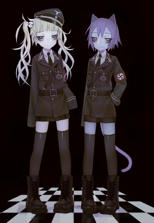 2girls, animal_ears, armband, bags_under_eyes, black_legwear, boots, cross, female_focus