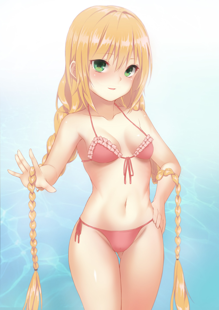 1girl, absurdres, bikini, braid, breasts, cowboy_shot, female_focus, frilled_bikini, frills, front-tie_top, green_eyes, highres, idun_(tower_of_saviors), long_hair, looking_at_viewer, pink_bikini, side-tie_bikini_bottom, small_breasts, solo, standing, swimsuit, tony_(tonyworkroom), tower_of_saviors, twin_braids, twintails, very_long_hair