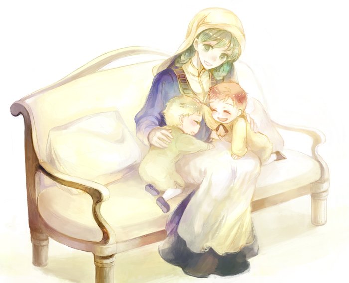 1girl, 2boys, apron, baby, bad_id, bad_twitter_id, couch, dress