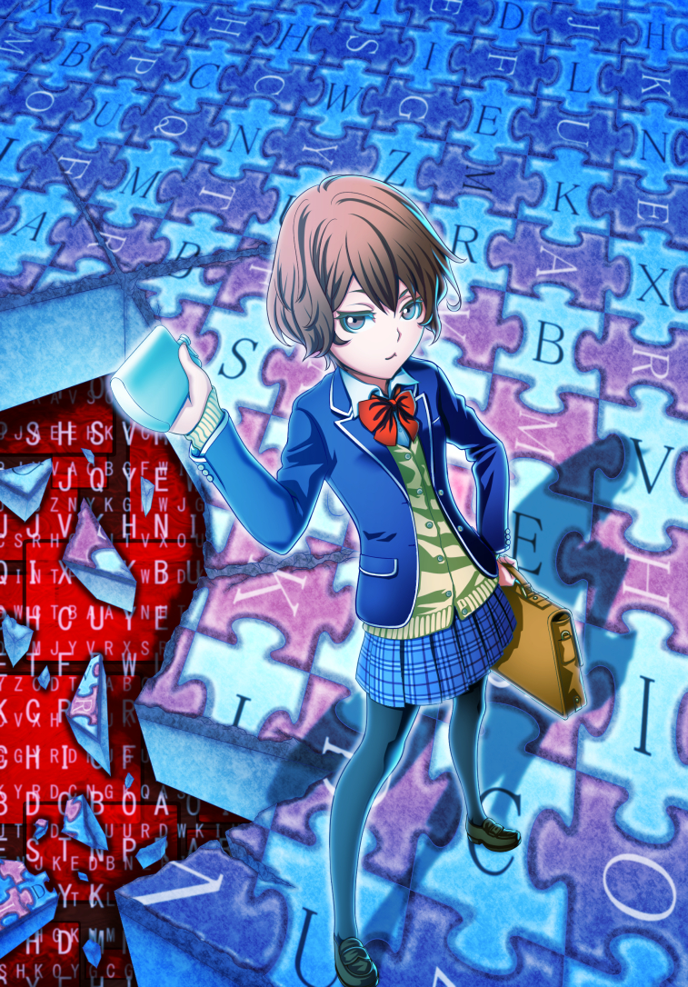 1girl, ash_(bgash0207), black_pantyhose, black_shoes, blue_skirt, brown_eyes, brown_hair, character_request