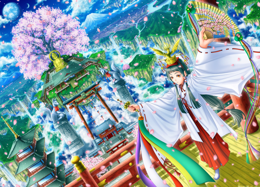 1girl, ash_(bgash0207), dagger, female_focus, folding_fan, fox_statue, grand_scale, green_hair, hand_fan, holding, holding_fan, holding_weapon, japanese_clothes, knife, long_hair, looking_away, miko, original, petals, pink_petals, red_eyes, smile, solo, statue, torii, translation_request, tree, weapon