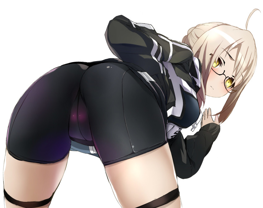 1girl, ahoge, artoria_pendragon_(fate), ass, bent_over, bike_shorts, black-framed_eyewear, blonde_hair