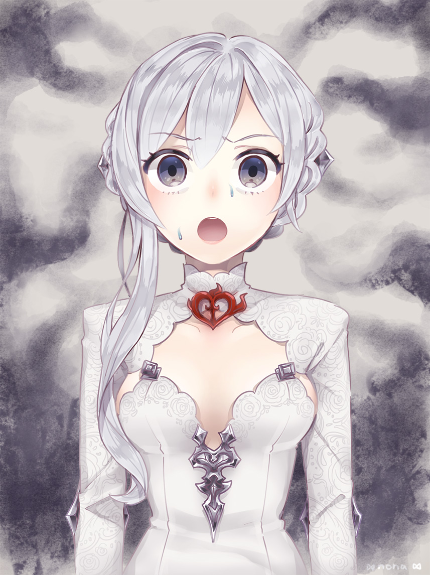 1girl, :o, arms_at_sides, braid, female_focus, grey_hair, maerchen_noir, nervous