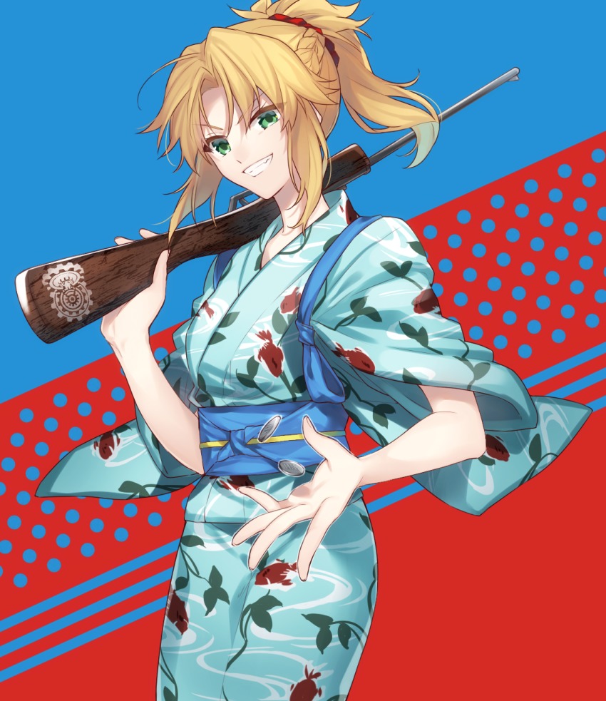 1girl, animal_print, blonde_hair, blue_kimono, coin, cowboy_shot, fate/apocrypha, fate_(series)