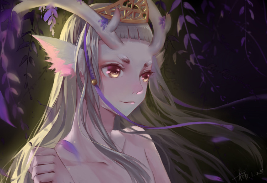 1boy, androgynous, antlers, blunt_bangs, highres, horns, kojikadan, long_hair, male_focus, onmyoji, short_eyebrows, sisi_(pixiv18753872), solo, tiara, topless_male, white_hair, yellow_eyes