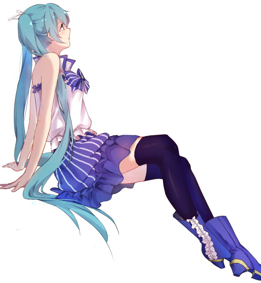 1girl, absurdres, aqua_eyes, aqua_hair, arm_support, bare_shoulders, black_thighhighs, blue_boots, blue_skirt, boots, bow, female_focus, frilled_boots, frills, from_side, hatsune_miku, highres, invisible_chair, long_hair, sisi_(pixiv18753872), sitting, skirt, solo, thighhighs, twintails, very_long_hair, vocaloid, white_background, zettai_ryouiki
