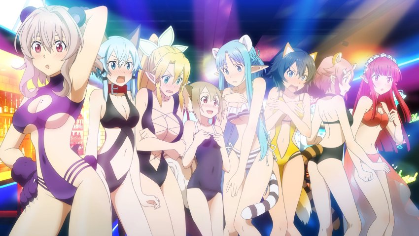 6+girls, :d, accel_world_vs_sword_art_online, animal_ears, animal_hands, arm_up, armpits, asuna_(sao), asuna_(sao-alo), bear_ears, bear_tail, bikini, black_hair, black_one-piece_swimsuit, black_ribbon, blonde_hair, blue_eyes, blue_hair, blush, braid, breasts, brown_hair, casual_one-piece_swimsuit, cat_ears, cleavage, cleavage_cutout, clothing_cutout, collar, collarbone, contrapposto, covered_navel, covering_breasts, covering_privates, cowboy_shot, embarrassed, fake_animal_ears, fake_tail, fox_ears, fox_tail, game_cg, gloves, groin, hair_between_eyes, hair_ornament, hair_ribbon, harem, high_ponytail, highres, indoors, large_breasts, leafa_(sao), lisbeth_(sao), lisbeth_(sao-alo), loli, long_hair, looking_at_viewer, maid_headdress, medium_breasts, midriff, mole, mole_on_breast, multiple_girls, navel, one-piece_swimsuit, open_mouth, paw_gloves, philia_(sao), philia_(sao-alo), pink_hair, pointy_ears, ponytail, purple_gloves, purple_one-piece_swimsuit, raccoon_ears, raccoon_tail, rain_(sao), red_bikini, red_eyes, red_hair, ribbon, school_swimsuit, short_hair, short_hair_with_long_locks, side-tie_bikini_bottom, sidelocks, silica, silica_(sao-alo), silver_hair, sinon, sinon_(sao-alo), small_breasts, smile, standing, strea_(sao), striped_bikini, striped_clothes, striped_tail, swimsuit, sword_art_online, tail, twin_braids, underboob, very_long_hair, yellow_one-piece_swimsuit