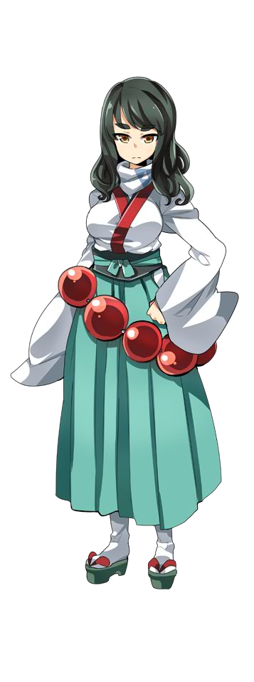 1girl, artist_request, beads, breasts, female_focus, full_body, green_hair, hakama