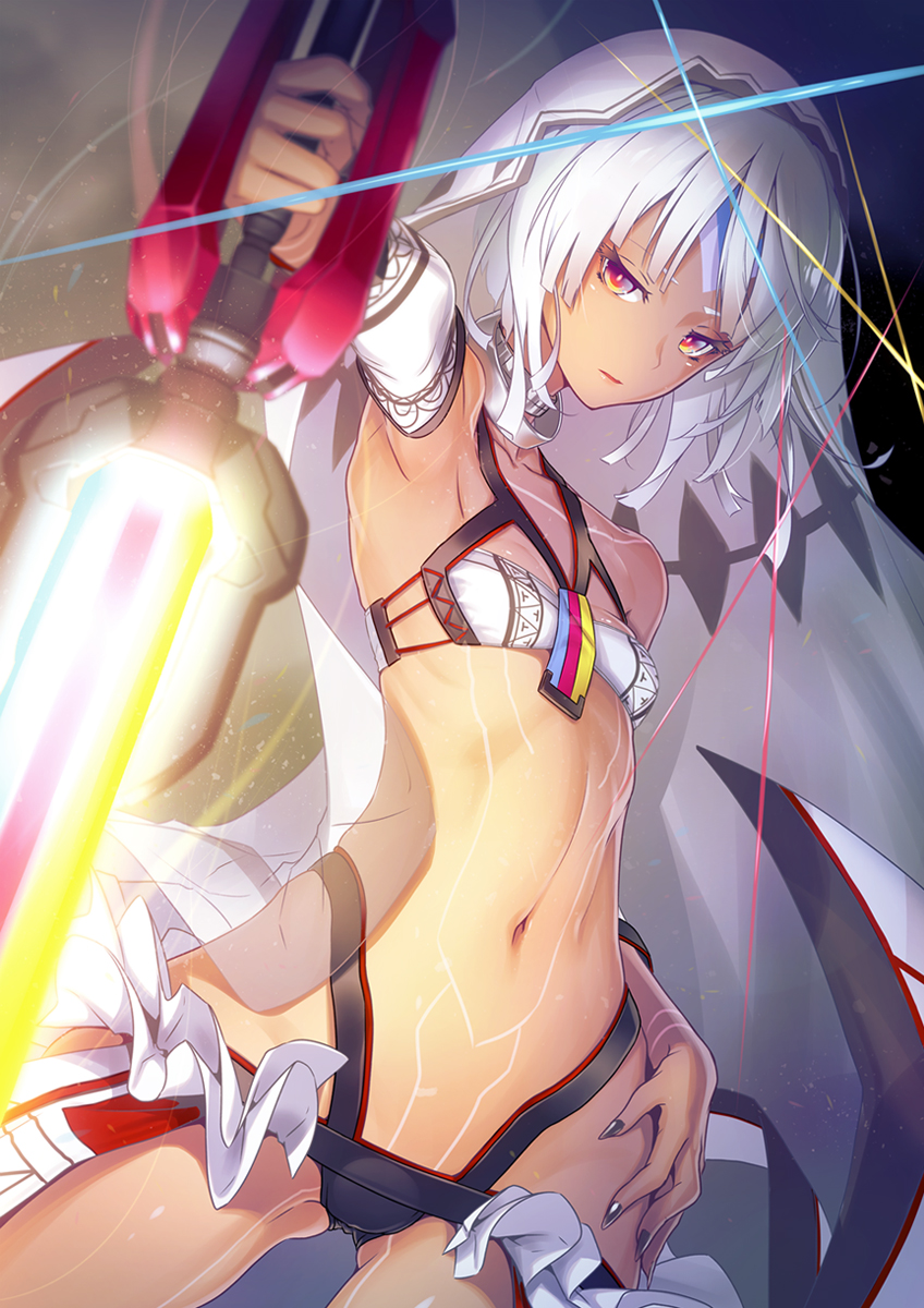 1girl, altera_(fate), armpits, choker, collar, dark-skinned_female, dark_skin, detached_sleeves