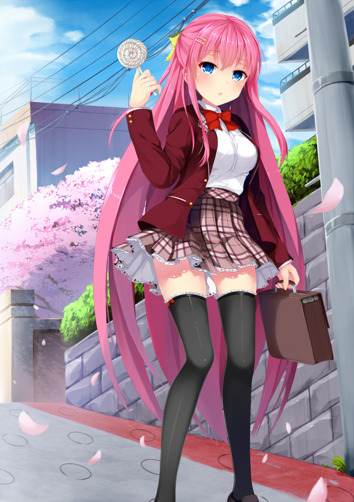 1girl, black_shoes, black_thighhighs, blue_eyes, blue_sky, briefcase, building, candy