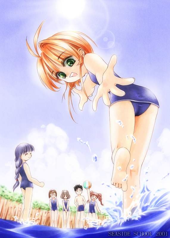 1990s_(style), 1boy, 5girls, ball, barefoot, beach, beachball, black_hair, blue_hair, braid, brown_hair, cardcaptor_sakura, child, daidouji_tomoyo, day, fisheye, glasses, green_eyes, kinomoto_sakura, lens_flare, looking_back, mihara_chiharu, multiple_girls, ocean, one-piece_swimsuit, outstretched_arm, outstretched_hand, reaching, retro_artstyle, sasaki_rika, school_swimsuit, sky, splashing, sun, swimsuit, tom_(1art.), twintails, water, yamazaki_takashi, yanagisawa_naoko